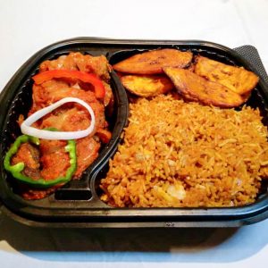 Basmati Jollof, Plantain/Moi Moi & Fried Fish