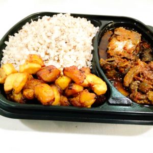 Ofada Rice, Sauce, Fried plantain and fried fish.